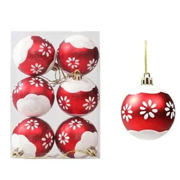 Kırmızı Beyaz Çiçekli Yılbaşı Topu 6 adet 6 cm