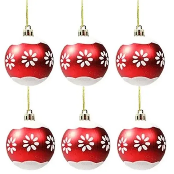 Kırmızı Beyaz Çiçekli Yılbaşı Topu 6 adet 6 cm