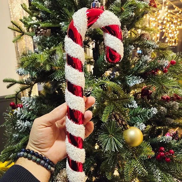 Kırmızı Beyaz Plastik Baston Şeker Simli (40 cm - 1 Adet)