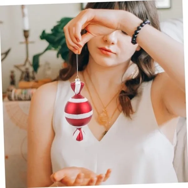 Kırmızı Beyaz Şeker Simli Çizgili Yılbaşı Ağacı Süsü 15 cm 1 Adet