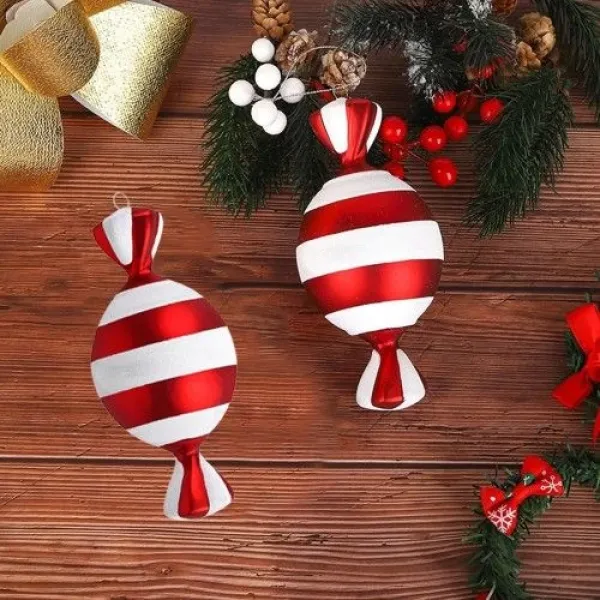 Kırmızı Beyaz Şeker Simli Çizgili Yılbaşı Ağacı Süsü 15 cm 1 Adet