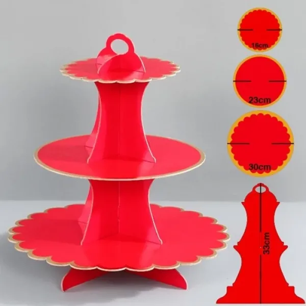 Kırmızı Gold Kenarlı Kek Standı 3 Katlı