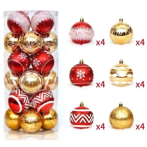 Kırmızı Gold Yılbaşı Topu Simli - Parlak - Desenli 24 adet 6 cm