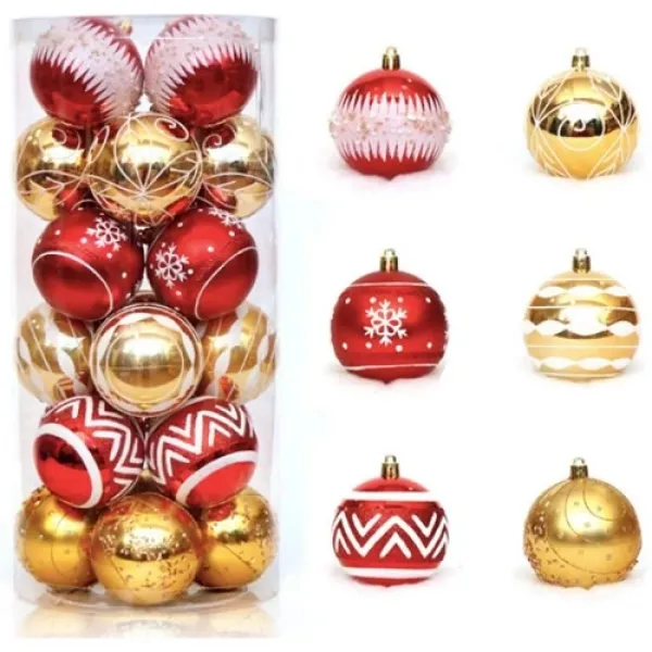 Kırmızı Gold Yılbaşı Topu Simli - Parlak - Desenli 24 adet 6 cm