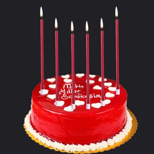 Kırmızı Metalik Uzun Pasta Mumu 20 cm 6 Adet