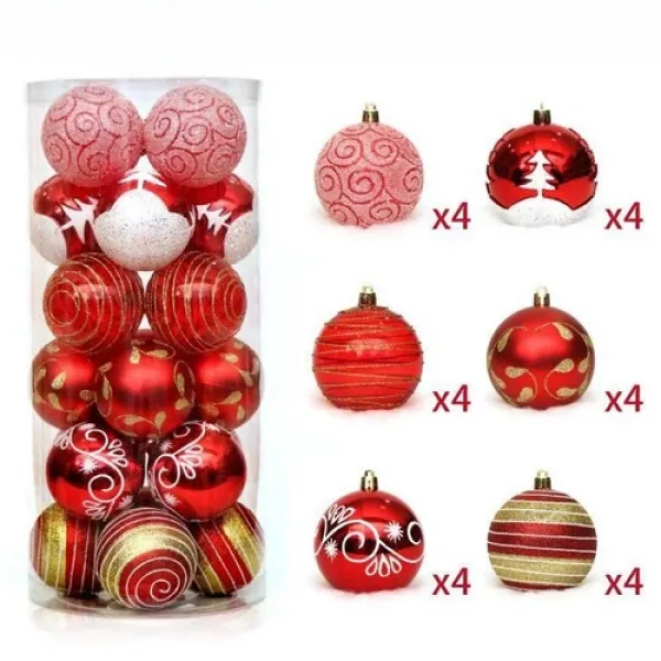 Kırmızı Yılbaşı Topu Simli - Parlak - Desenli 24 adet 6 cm