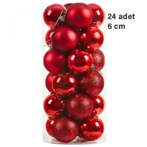 Kırmızı Yılbaşı Topu Simli - Parlak - Mat 24 adet 6 cm