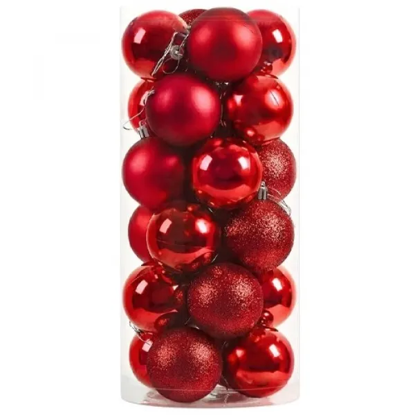 Kırmızı Yılbaşı Topu Simli - Parlak - Mat 24 adet 6 cm