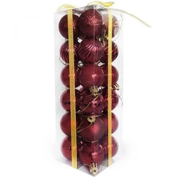 Koyu Kırmızı Yılbaşı Top Süs Mat-Parlak-Simli-Aynalı 24 Adet 4 cm