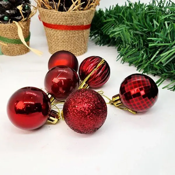 Koyu Kırmızı Yılbaşı Top Süs Mat-Parlak-Simli-Aynalı 6 Adet 4 cm