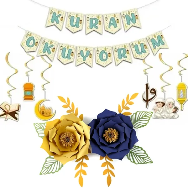 Kuran Okuyorum Kağıt Çiçek Seti (Lacivert - Gold)