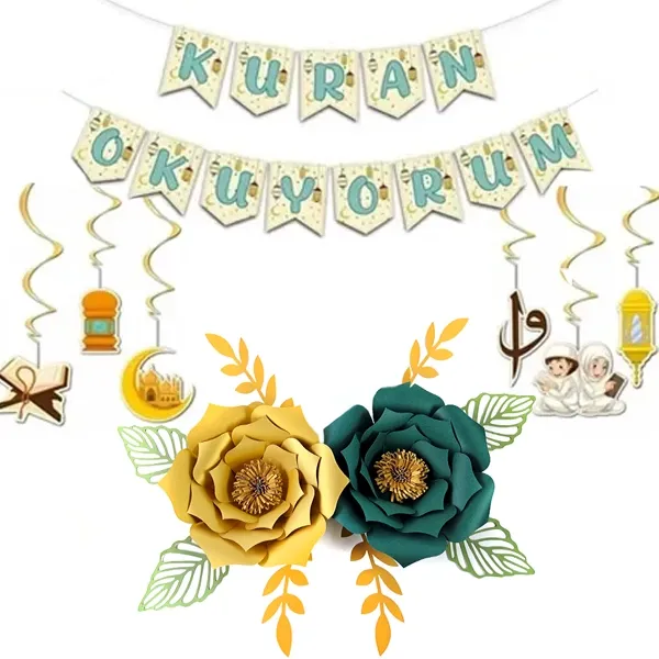 Kuran Okuyorum Kağıt Çiçek Seti (Yeşil - Gold)