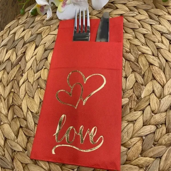 Love Gold Yaldızlı Cepli Peçete Kırmızı Lüks (12 adet)