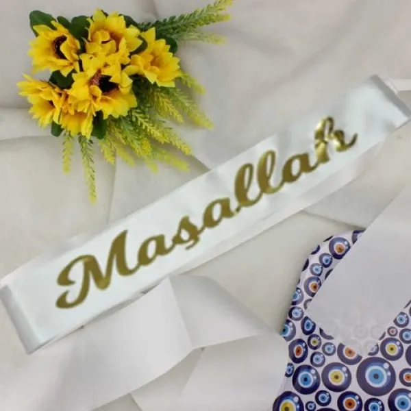 Maşallah Yazılı Kuşak Beyaz Üzeri Gold