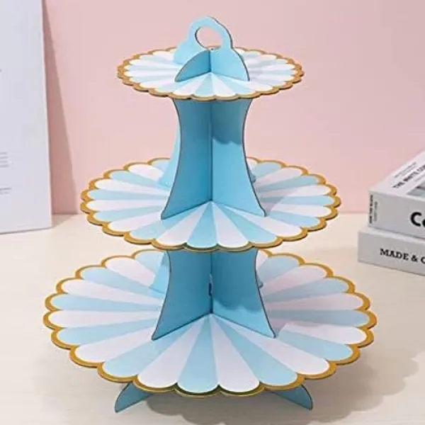 Mavi Gold Kenarlı Kek Standı 3 Katlı