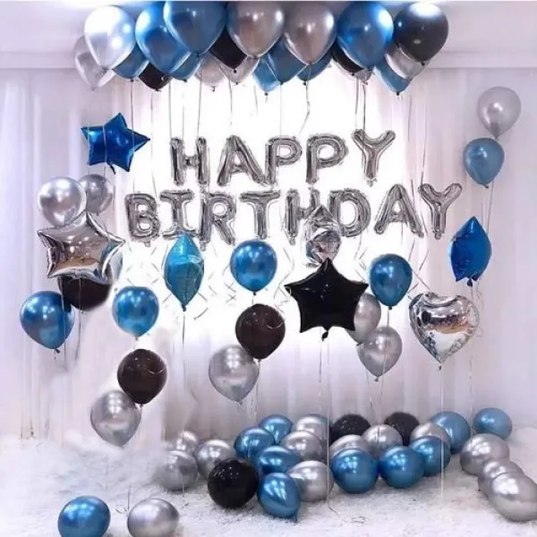 Mavi Gümüş Siyah Doğum Günü Süsleri Kombini Seti