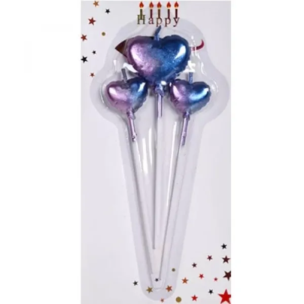 Metalik Renkli Çubuklu Kalp Mum 3lü