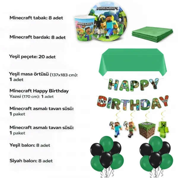 Minecraft Doğum Günü Konsepti Parti Seti (8 Kişilik)