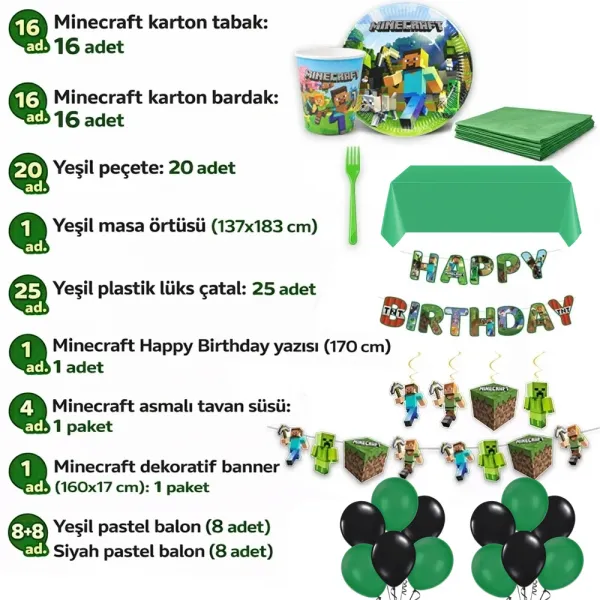 Minecraft Doğum Günü Süsleri Parti Seti (16 Kişilik)