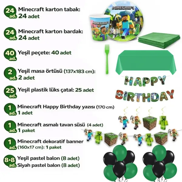 Minecraft Parti Malzemeleri Seti (24 Kişilik)