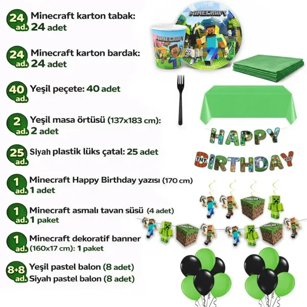 Minecraft Parti Malzemeleri Seti (24 Kişilik)