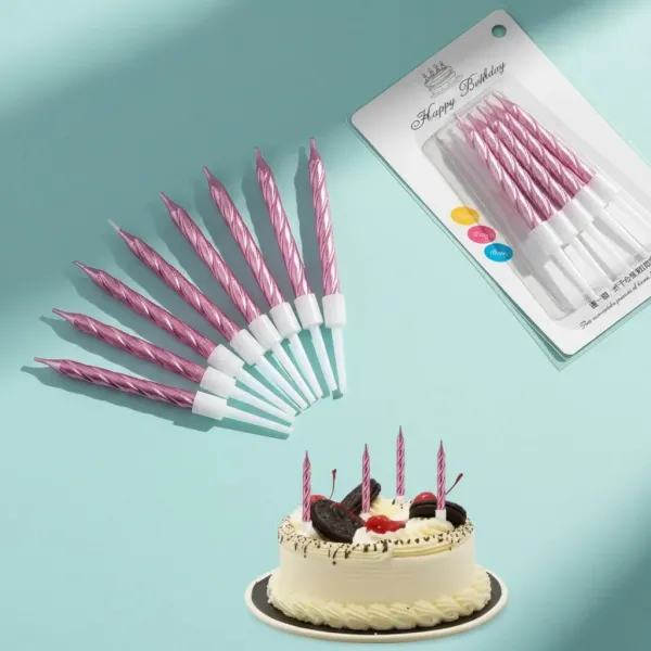 Mini Metalik Pembe Renkli Spiral Mum 10 Adet