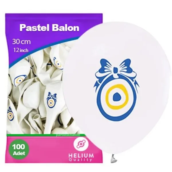 Nazar Boncuklu Balon Beyaz 100 Adet