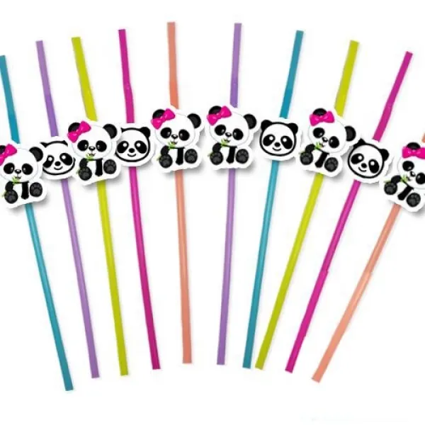 Panda Pembe Fiyonklu Artistik Pipet 10 Adet