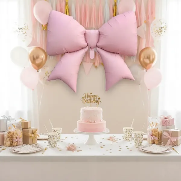 Pastel Fiyonk Pembe Kurdele Folyo Balon (96x75 cm)