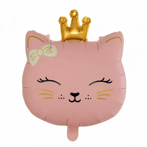 Pembe Kedi Taçlı Fiyonklu Folyo Balon (55x46 cm)