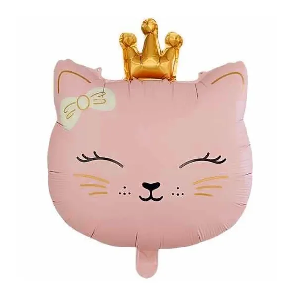 Pembe Kedi Taçlı Folyo Balon 51x54 cm
