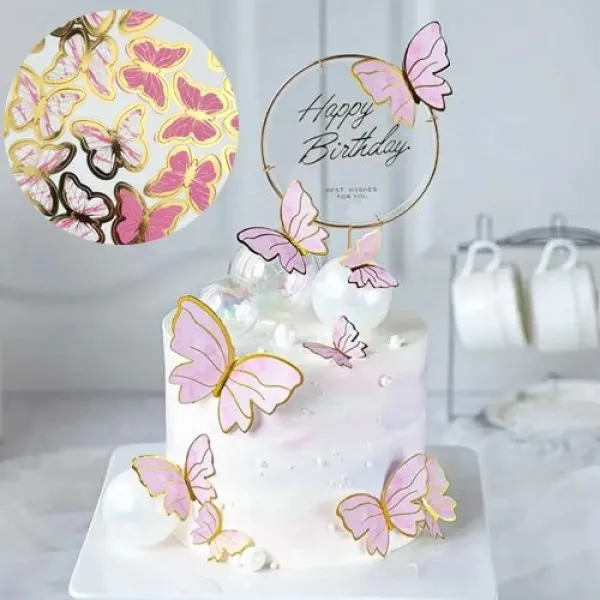 Pembe Kelebek Pasta Süsü 21 Adet