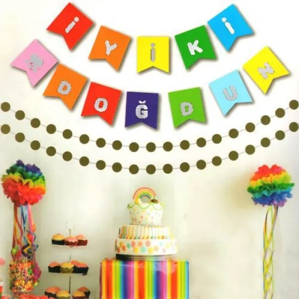 Rengarenk Gümüş Yaldız Baskılı İyi ki Doğdun Yazısı