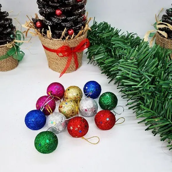 Renkli Simli Top Yılbaşı Ağaç Süsü 12 Adet