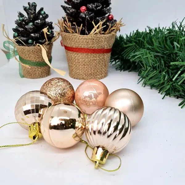 Şampanya Yılbaşı Top Süs Mat-Parlak-Simli-Aynalı 6 Adet 4 cm