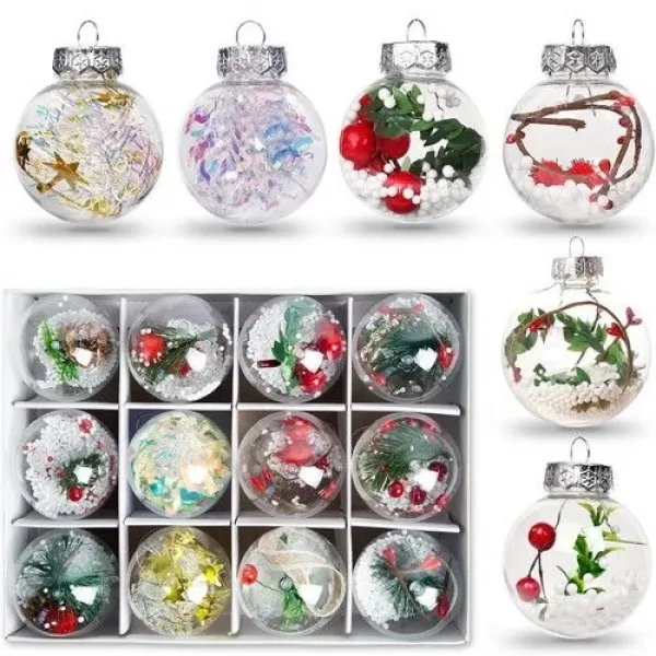 Şeffaf İçi Süslü Kokinalı Yılbaşı Çam Ağacı Topu 12 adet 6 cm