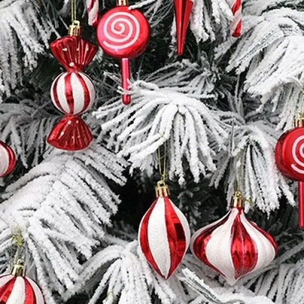 Şeker - Top ve Baston Simli Çizgili Yılbaşı Ağacı Süsü Seti 14 Parça