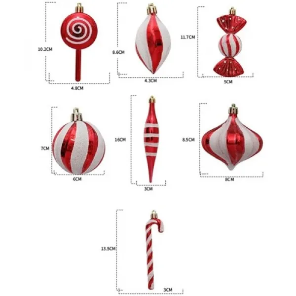 Şeker - Top ve Baston Simli Çizgili Yılbaşı Ağacı Süsü Seti 14 Parça