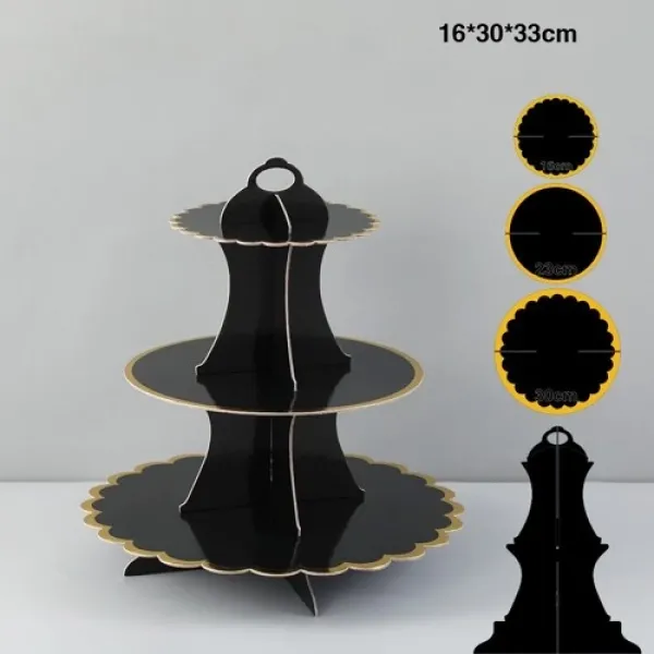 Siyah Gold Kenarlı Kek Standı 3 Katlı