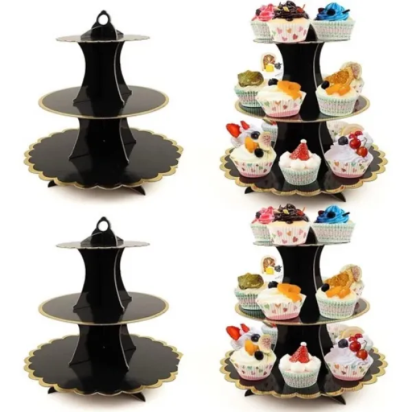 Siyah Gold Kenarlı Kek Standı 3 Katlı