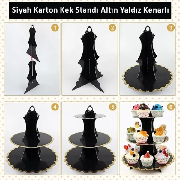 Siyah Gold Kenarlı Kek Standı 3 Katlı