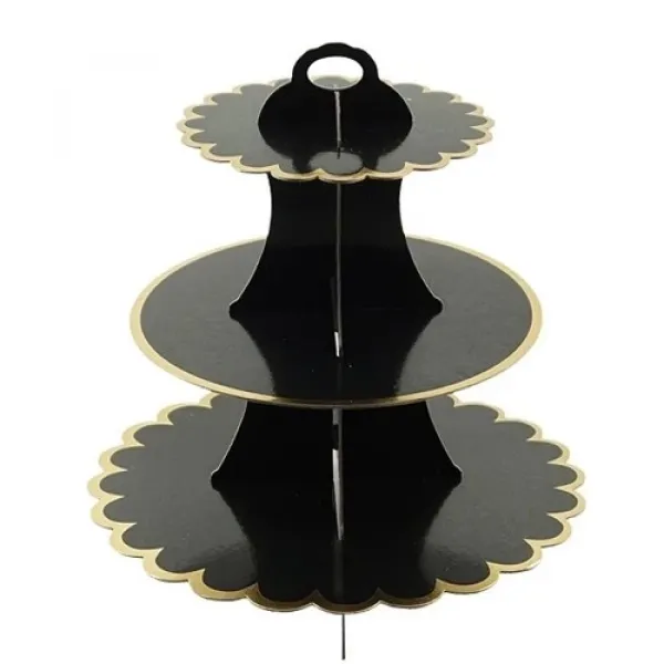 Siyah Gold Kenarlı Kek Standı 3 Katlı