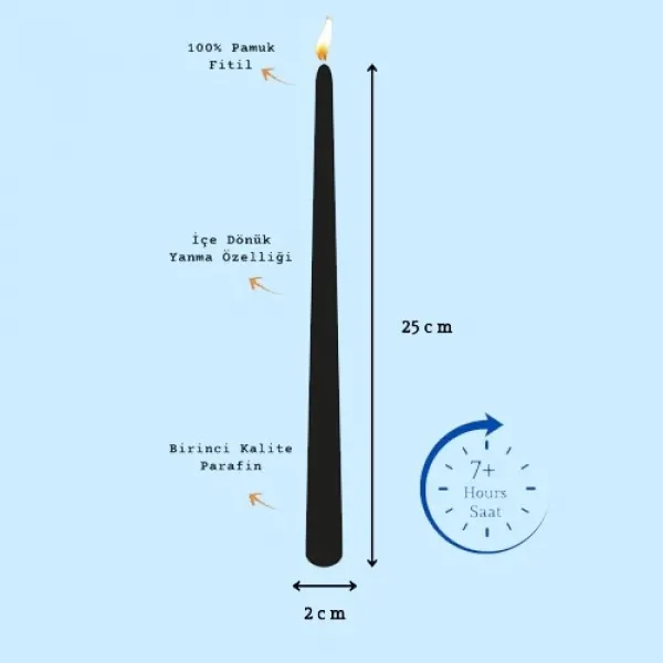Siyah Metalik Şamdan Mumu 2 Adet 25 cm