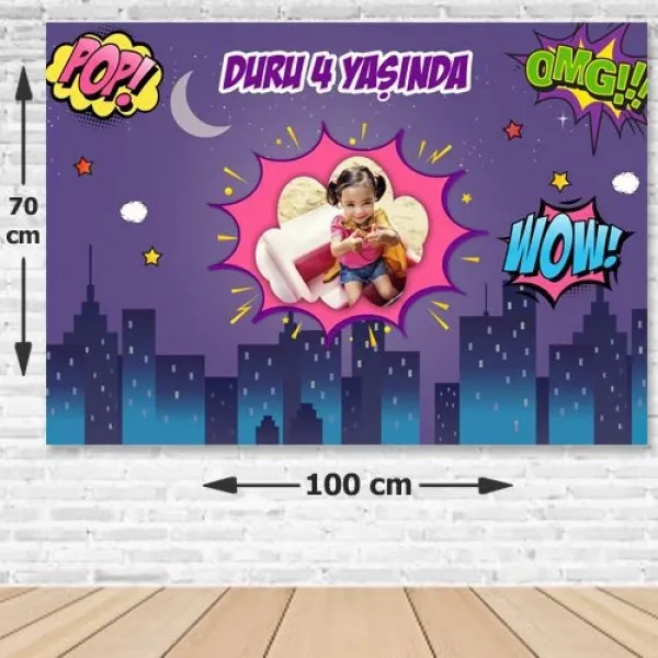Superhero Comics Kız Doğum Günü Parti Afişi 70x100 cm
