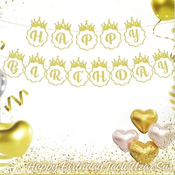 Taçlı Happy Birthday Yazısı Gold 200x18 cm
