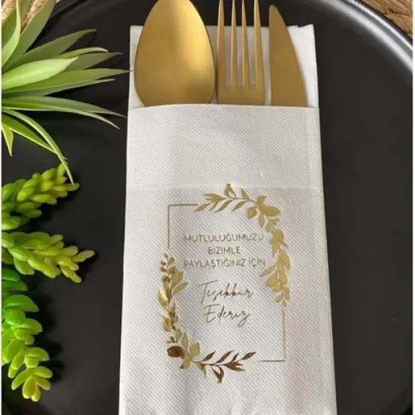 Teşekkür Ederiz Gold Yaldızlı Cepli Peçete Lüks - 12 adet