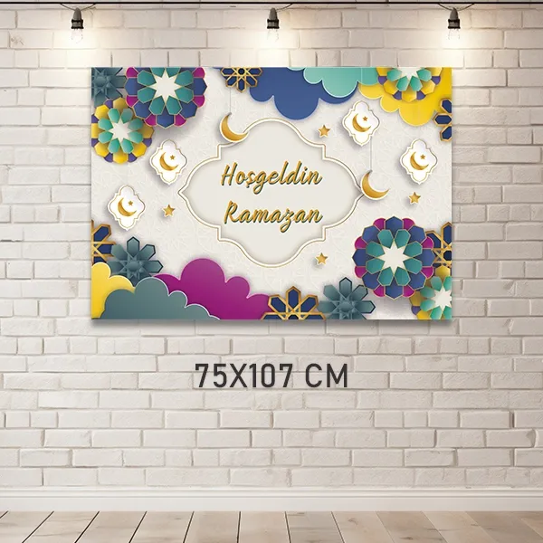 !TOPTAN! Hoş Geldin Ramazan Afiş Renkli Çiçekli (75x107 cm)