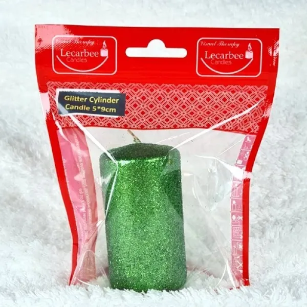 Yeşil Sütun Mum Simli 1 Adet 9x5 cm