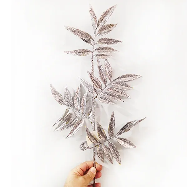 Yılbaşı Gümüş Simli Yapraklı Yapay Dal (75 cm - 1 Adet)