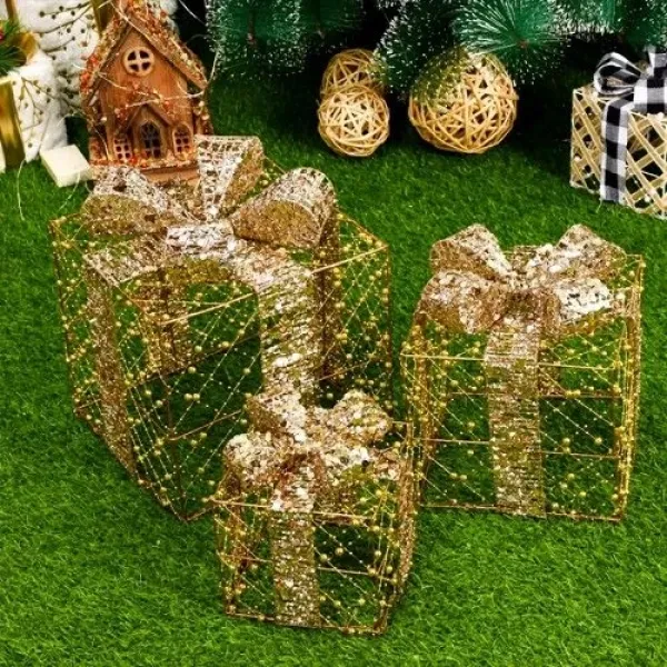 Yılbaşı Hediye Paketi Metal - Payetli Lüks Gold 3lü Set